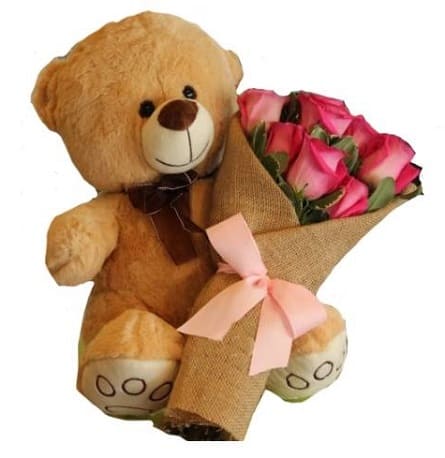 Imagen de Arrepentido Descripcion: 6 rosas de 50 cm y oso de 30 cm